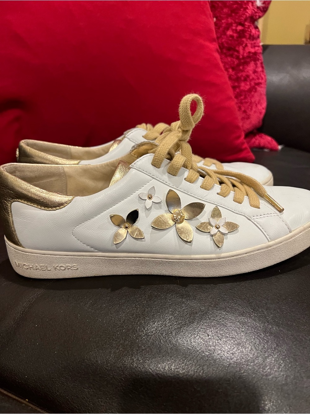 Michael Kors White Leather Sneakers with Gold Floral Accents